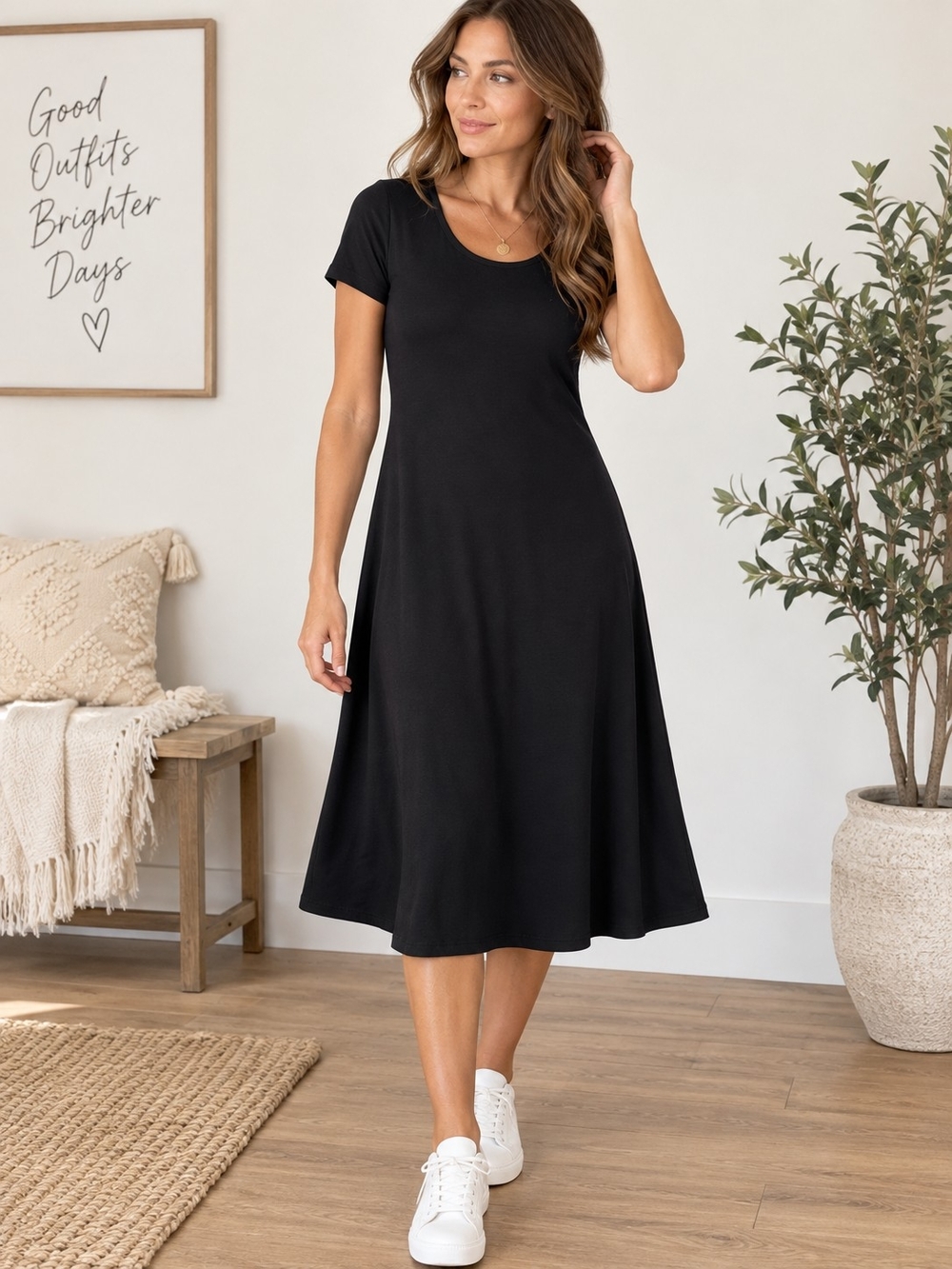 J. Jill Stretch Black A-Line Midi Dress Short Sleeve Rayon Lycra XS